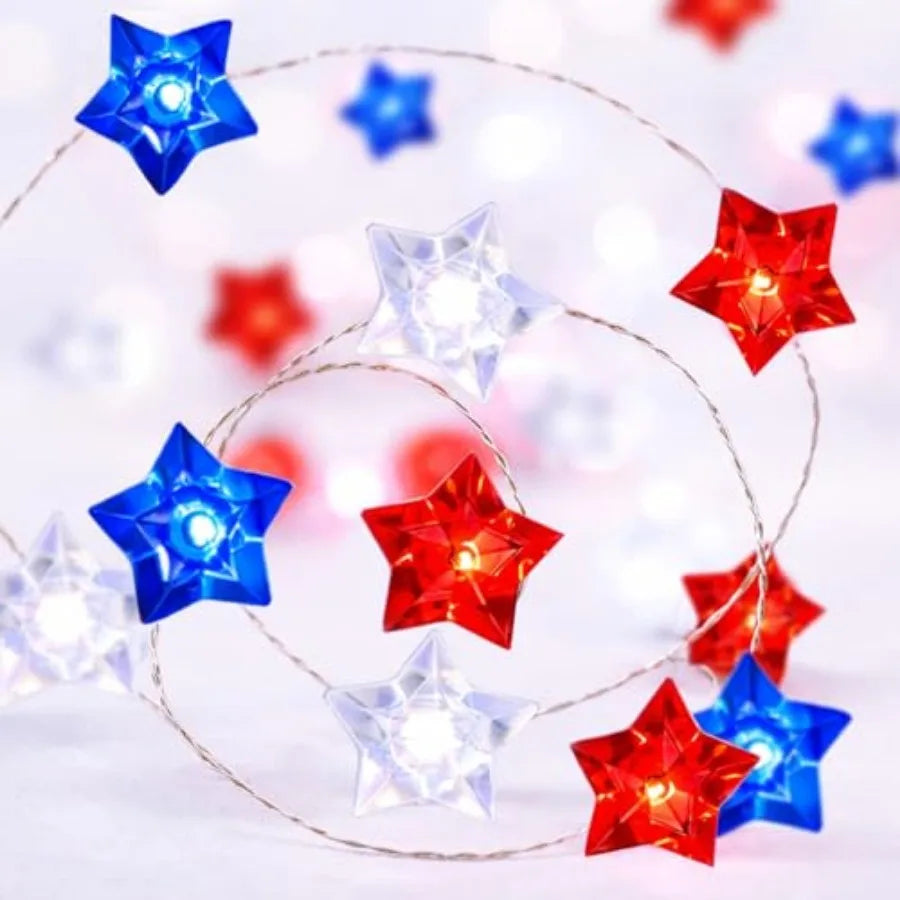 4th of July Decorations Star American Flag Lights 13Feet 40LED Fairy String Lights Battery Operated with Timer Fourth of July D