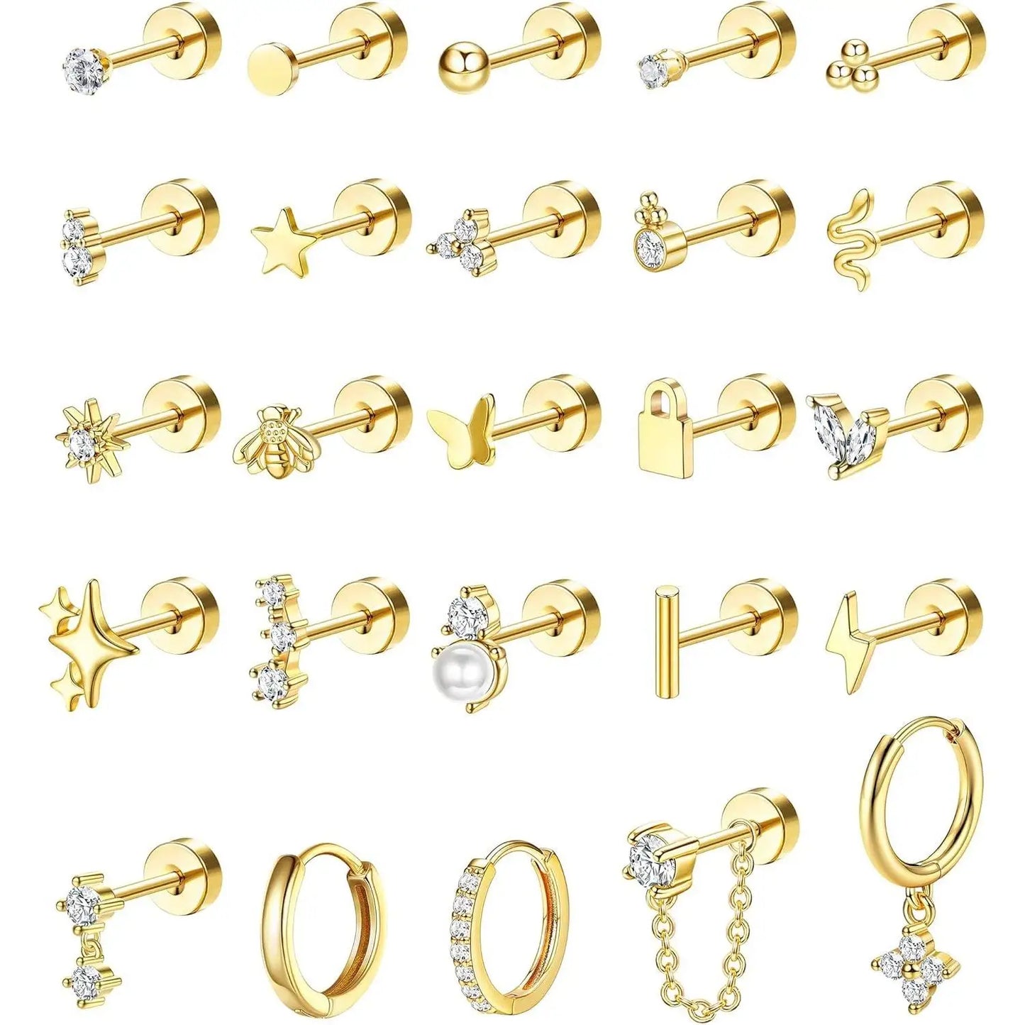 25 Pcs Surgical Steel Earrings for Sensitive Ears for Women Flat Back Studs Hoop Cartilage Earring for Multiple Piercing