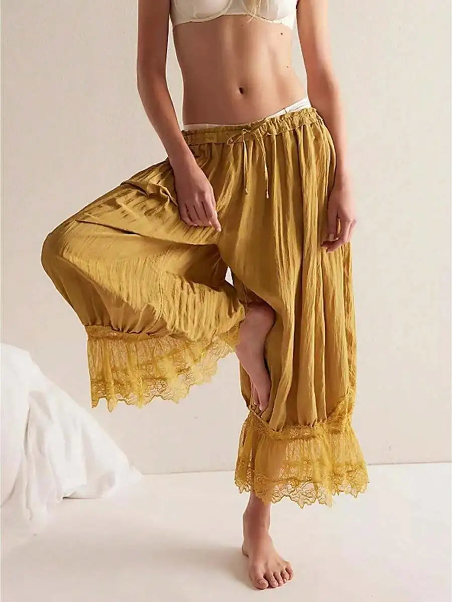 Women Cropped Lace Trim Bloomers Loose Mid Rise Victorian Pantaloons Streetwear