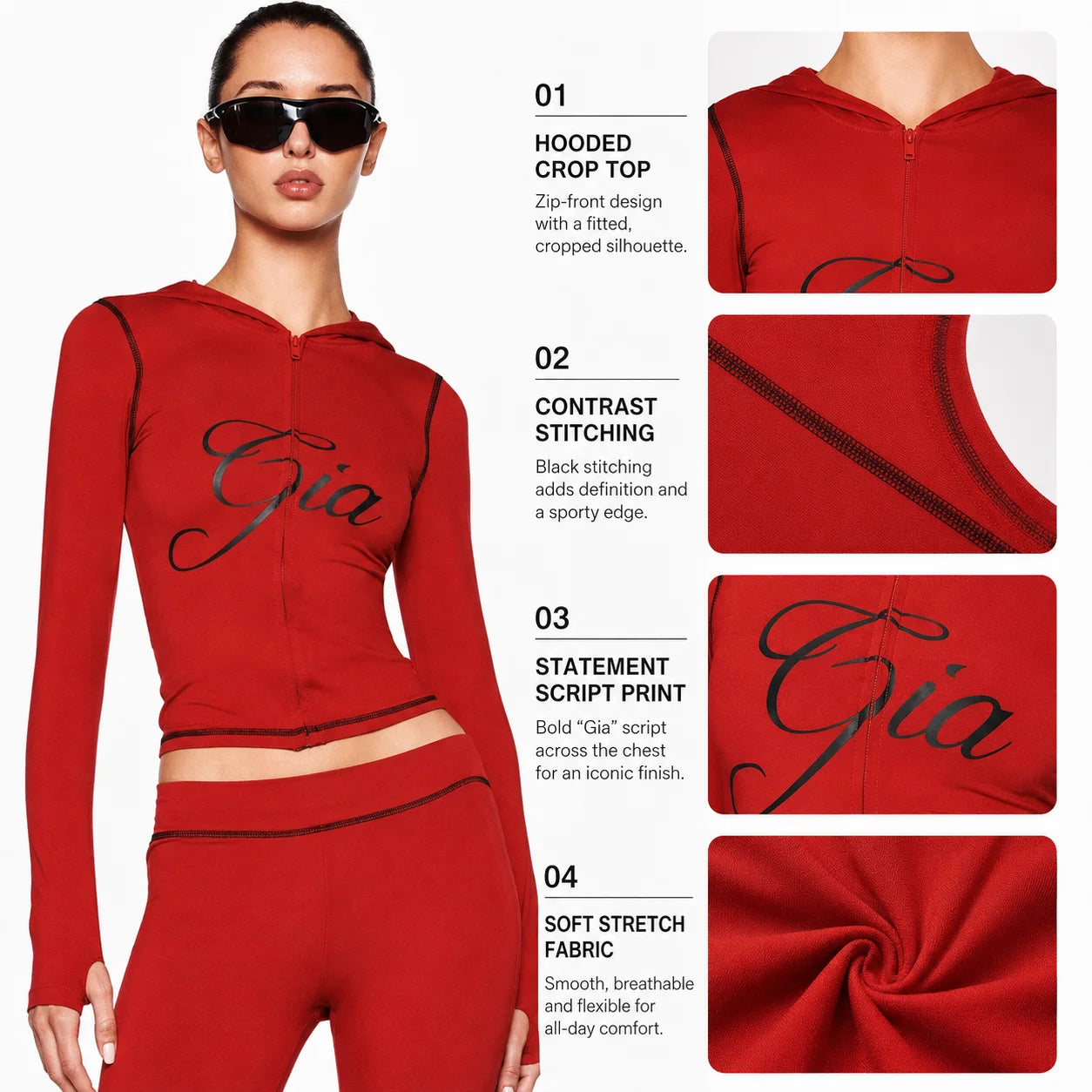 Red Women's Zip-Up Crop Top & Leggings Set with 'Girl' Graphic, Street Style Sporty 2-Piece Outfit for Parties
