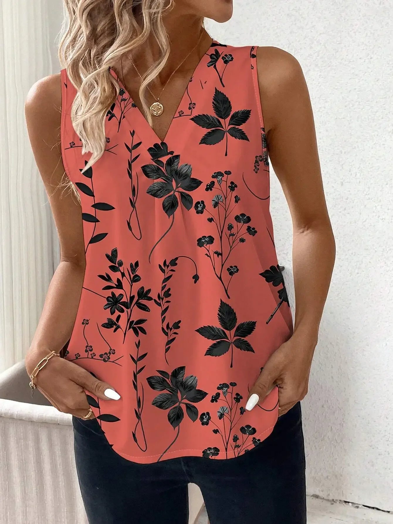 Vintage Floral Print V-Neck Sleeveless Casual Blouse For Women Summer Chic Top