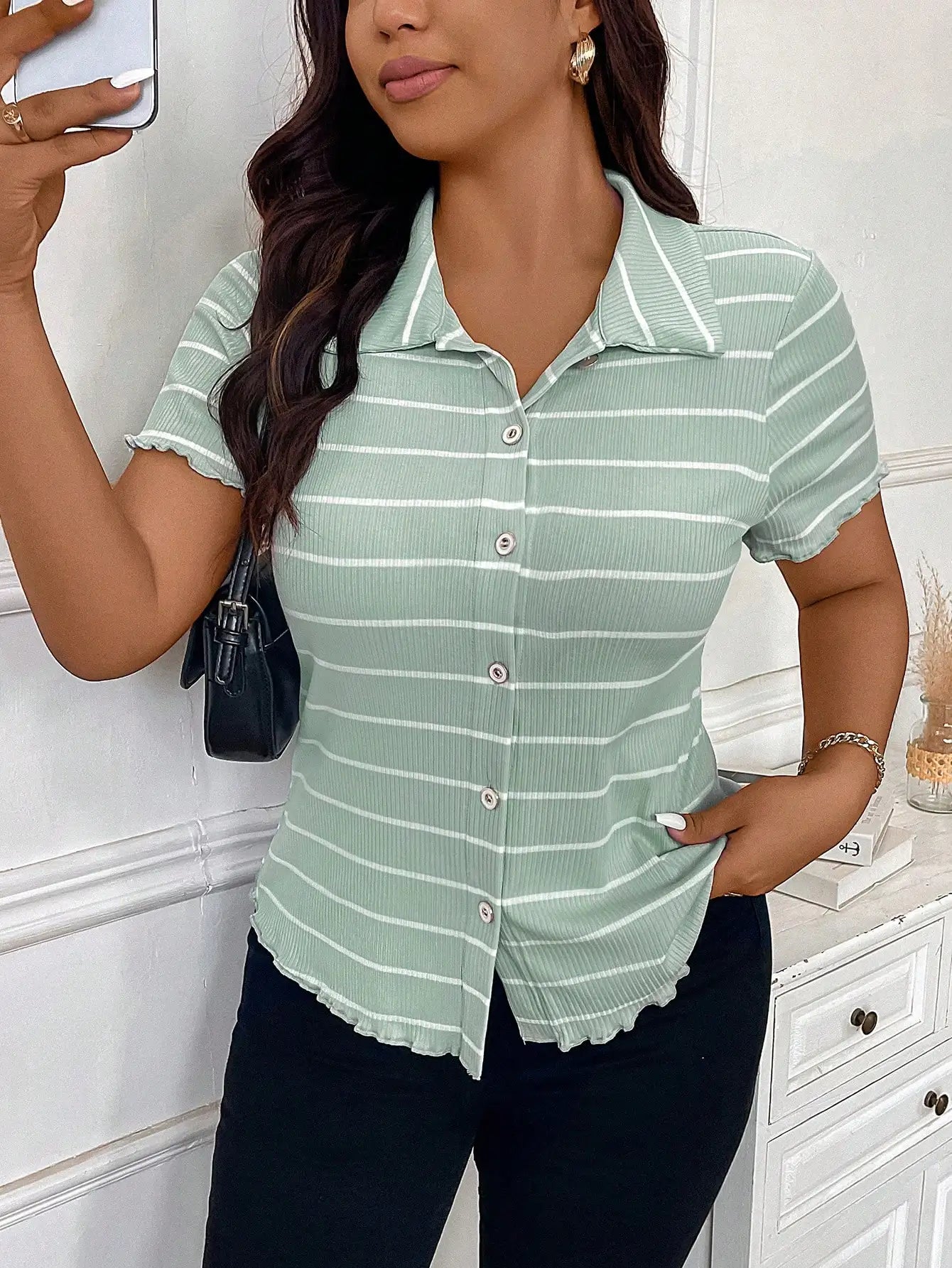 Striped Button Front Polo Shirt Short Sleeve Casual Office Elegant Women's Top