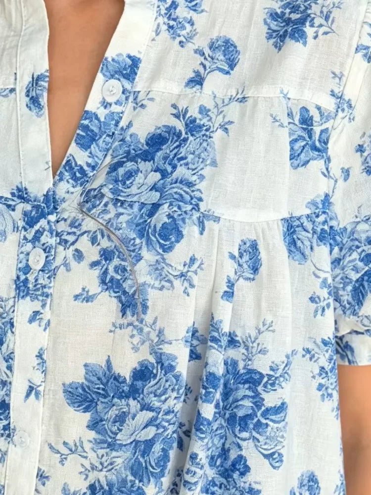 2026 New Style Women's Printed Shirt, V-neck with Double Pleated Sleeves, Lightweight Textured Fabric, Half-Buttoned, Retro Blue Rose Floral, Loose-Fitting, Flowy Short Sleeve Top, US Size, US Warehouse, Fast Shipping, Spring
