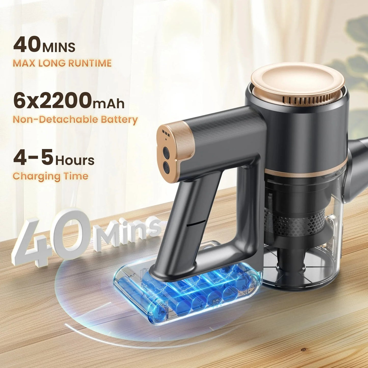 N8 Cordless Vacuum Cleaner 40Kpa 40 Mins Runtime Lightweight Stick Vacuum Powerful Suction Self-Standing Rechargeable Vacuum Cleaner for Carpet Pet Hair Hardwood Floor