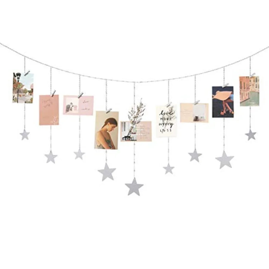 Hanging Photo Display Boho Decor Wooden Stars Garland with Metal Chains, Pictures Cards Holder with 25 Wood Clips, Wall Art for