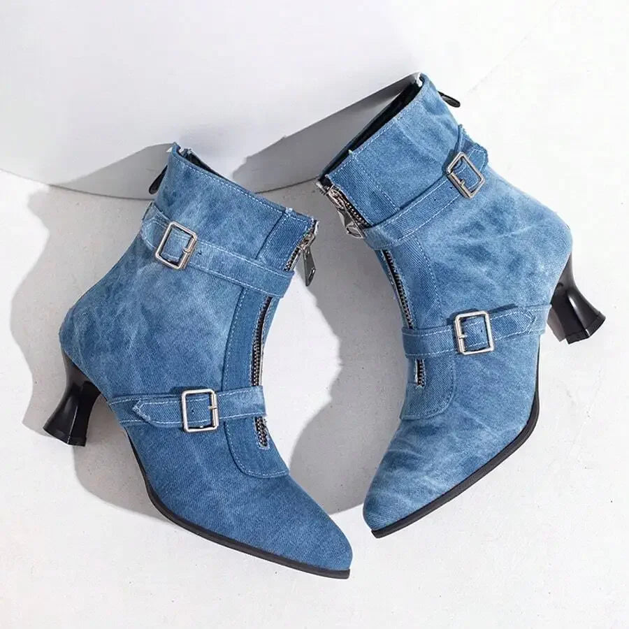 Denim Ankle Boots With Zipper And Buckle Strap Low Kitten Heel Pointed Toe Women Casual Dress Shoes