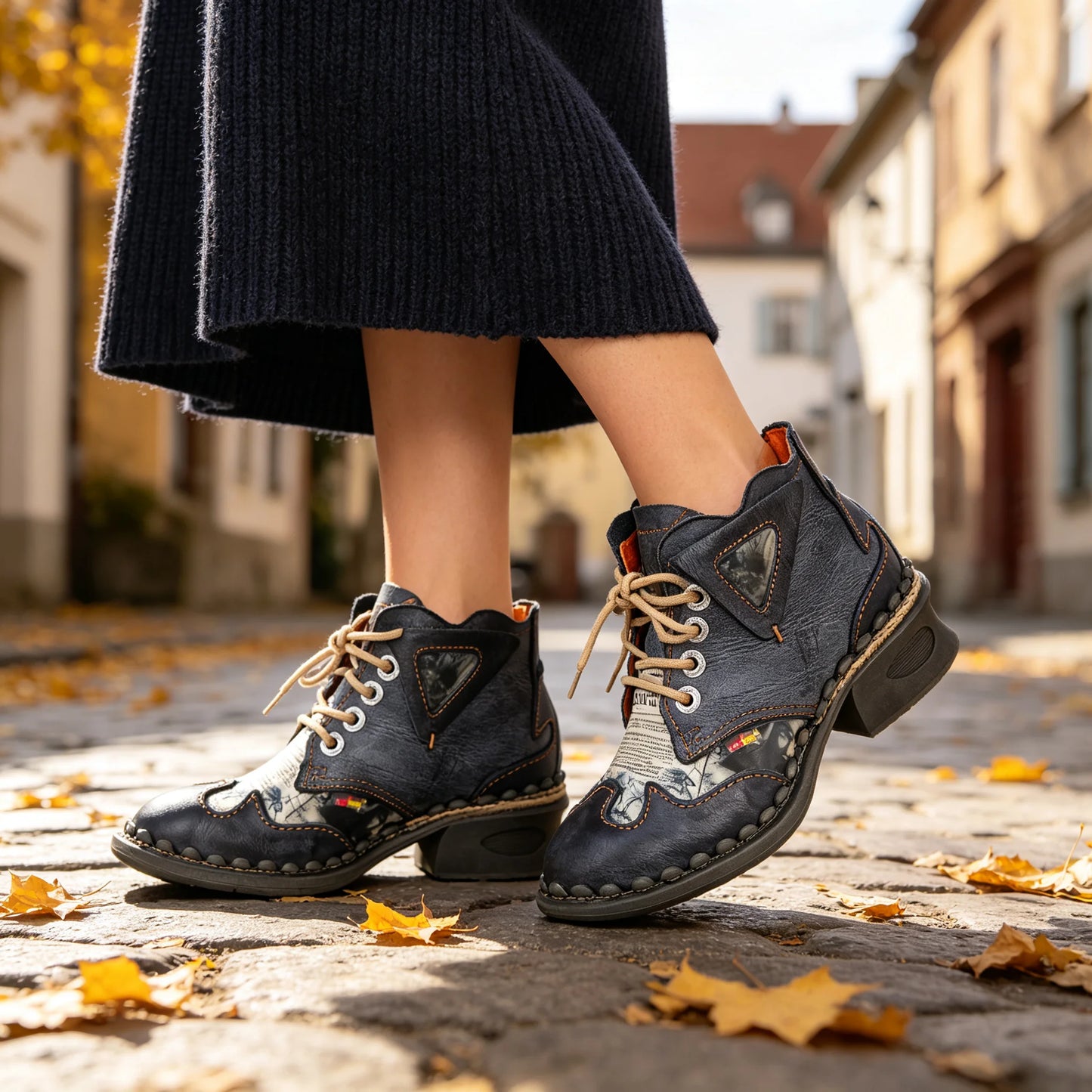 TMA EYES Women's Retro Patchwork Ankle Boots - Fashion Lace-Up Chunky Heel Boots with Tassel Detail