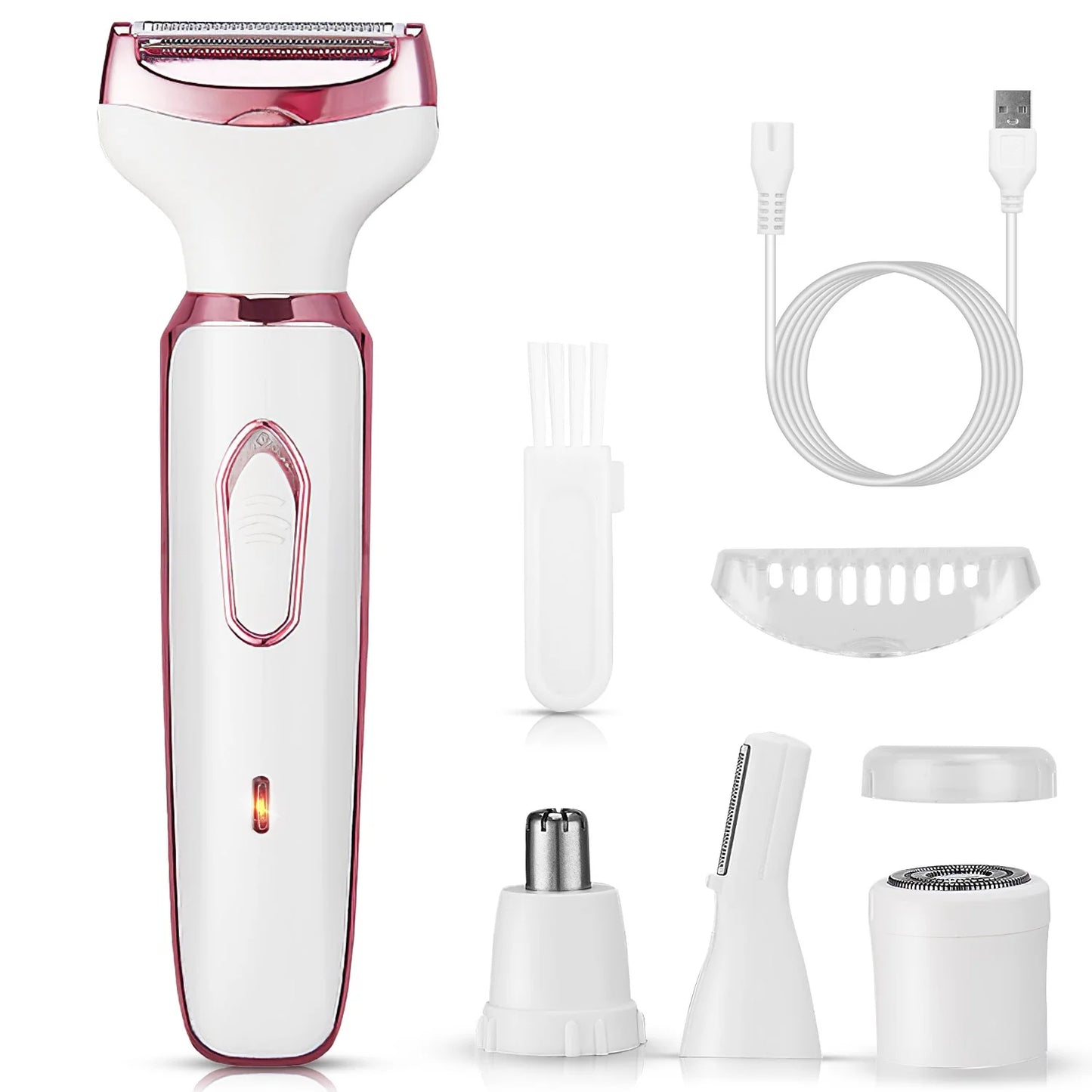 4-in-1 Electric Razor for Women - USB Rechargeable Painless Grooming Kit, Wet & Dry Trimmer for Eyebrow, Nose, Bikini, Legs & Face, Rose Pink, Portable Travel Epilator, Waterproof Hair Removal Tool for Sensitive Skin, All-in-