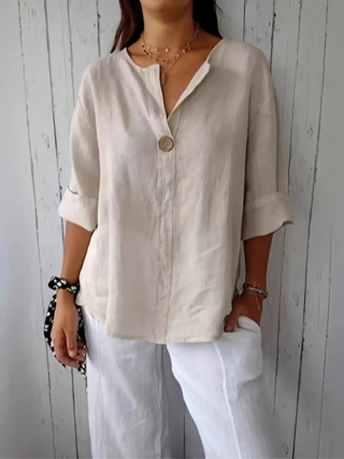 Women's Notched Collar Button Up Woven Blouse Loose Fit Spring