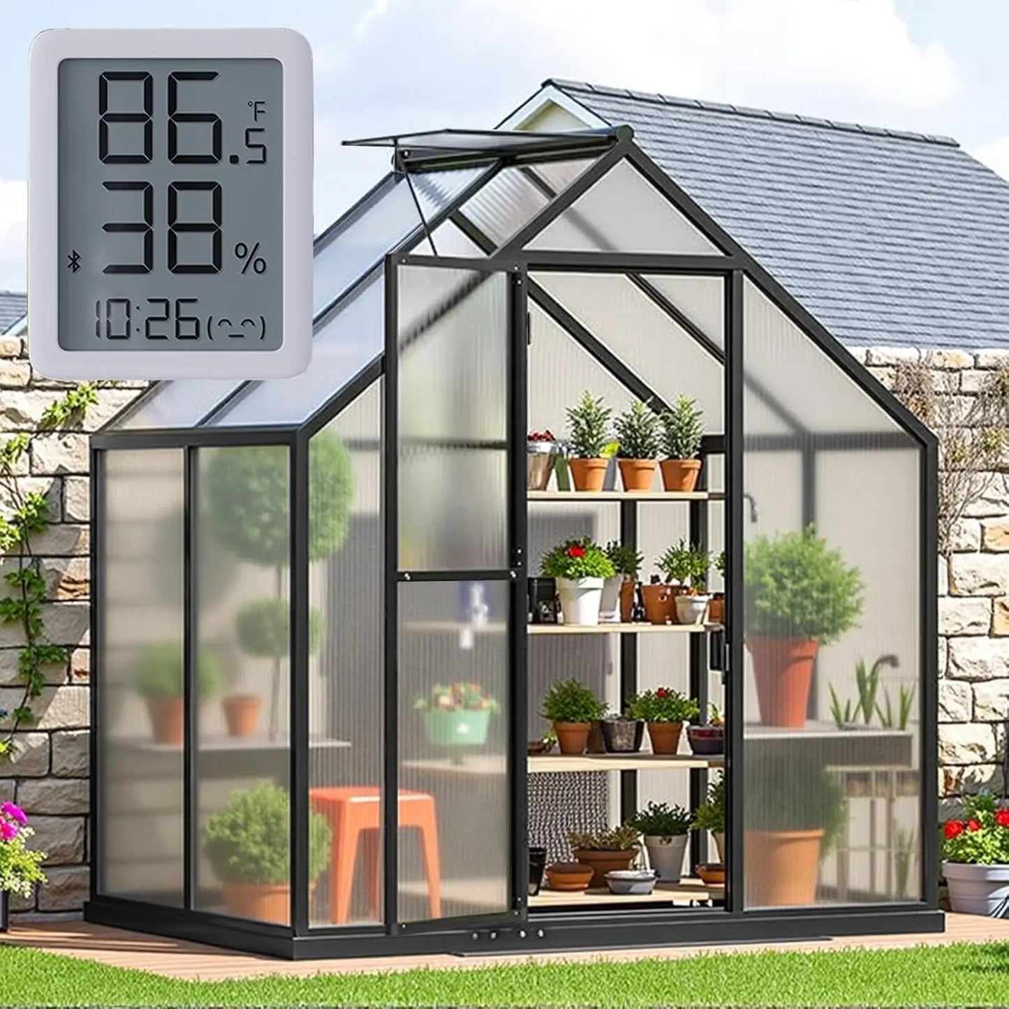 6×4FT Small Greenhouse, Walk in Greenhouse with Electronic Thermometers, Enhanced Aluminum Small Greenhouse for Outdoors