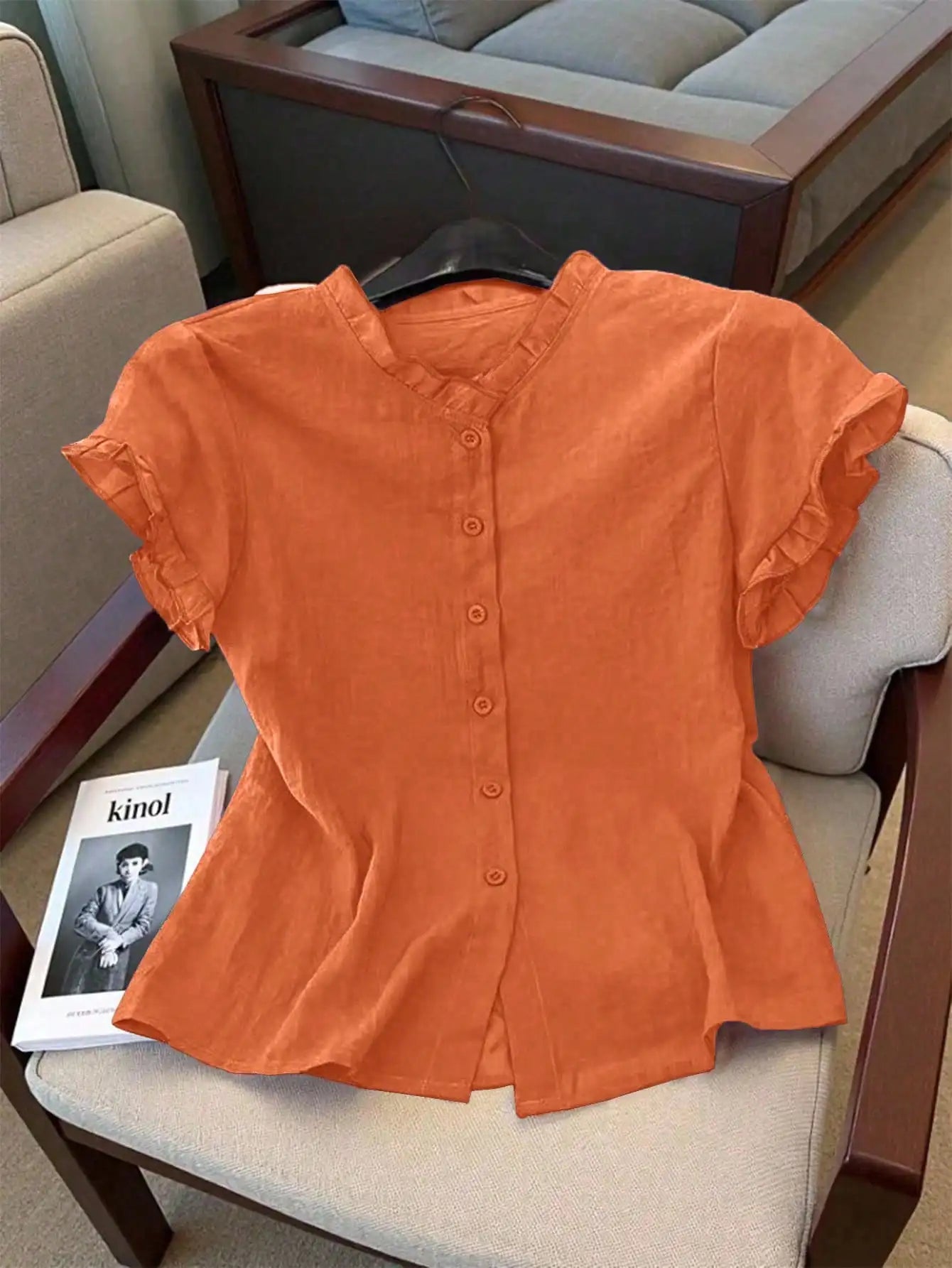 Women's Casual Pink Ruffled Collar Short Sleeve Button Up Blouse