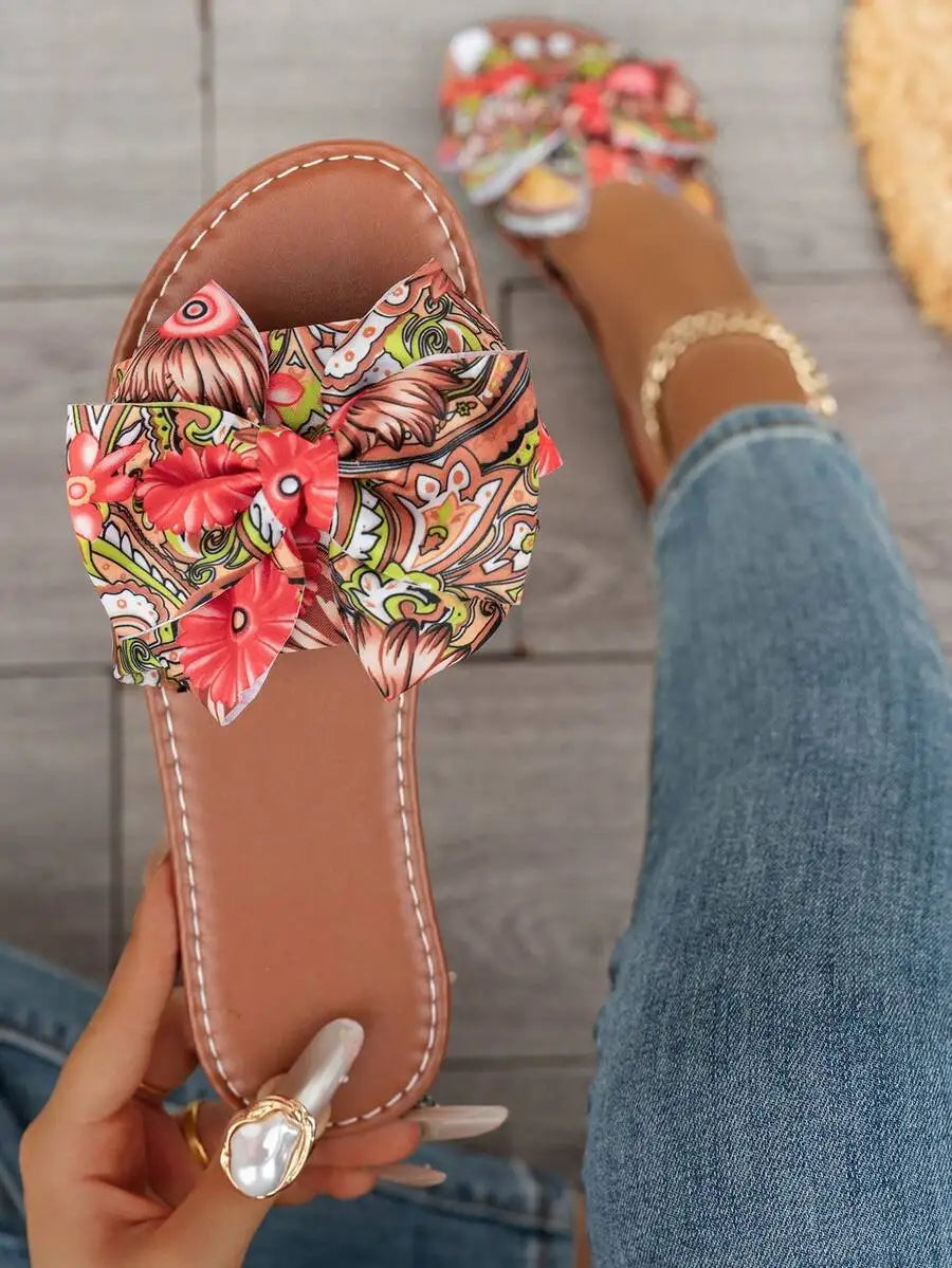 Womens Summer Floral Bow Flat Sandals Bohemian Style Beach Casual Slippers