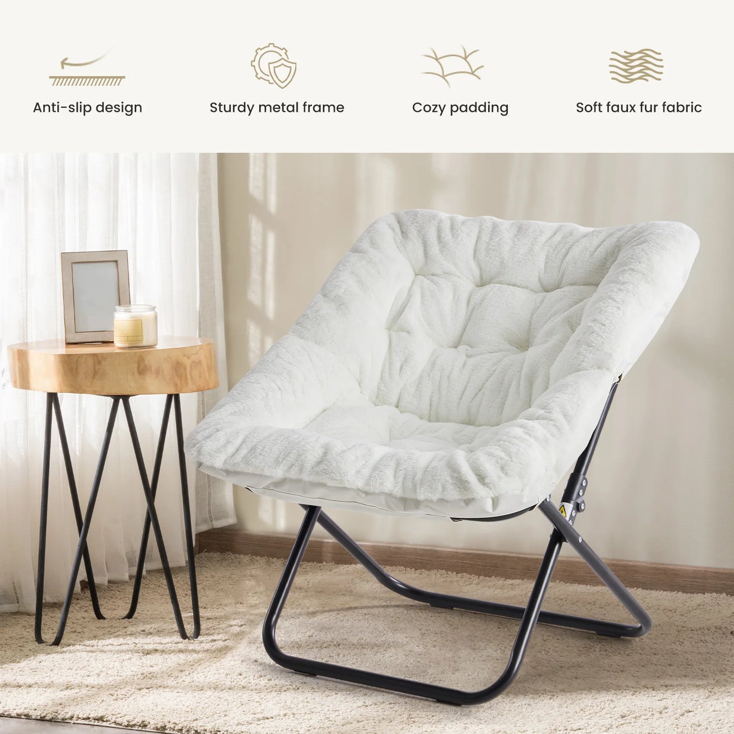 JHK 28IN Cozy Saucer Chairs Soft Faux Fur Large Size Folding Lounge Living Room Padded Seat Metal Frame Reading Chair Furniture