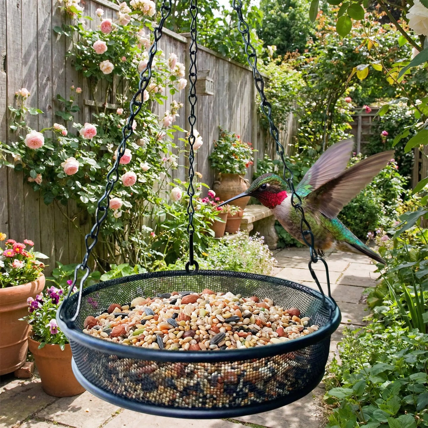 7.2in Diameter Bird Feeding Tray Round Metal Feeders Garden Patio Trees Hang Feeding Outdoor Garden Hanging For Attracting Birds