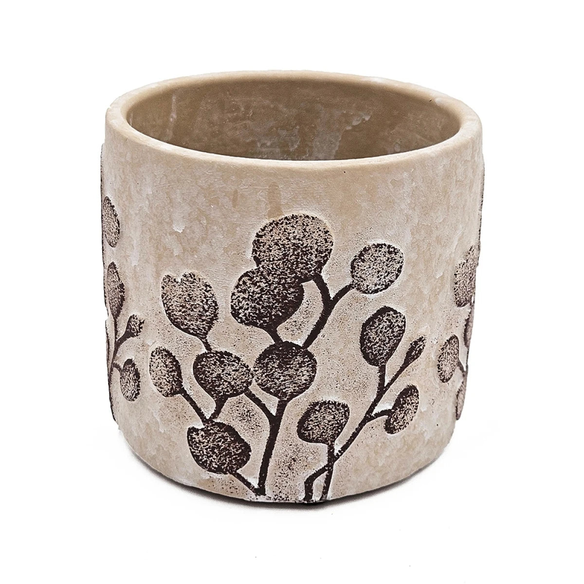 Set of 4 4.3x4.3x4" Gray Sand and Cement Planters with Brown Botanical Motifs On-Site