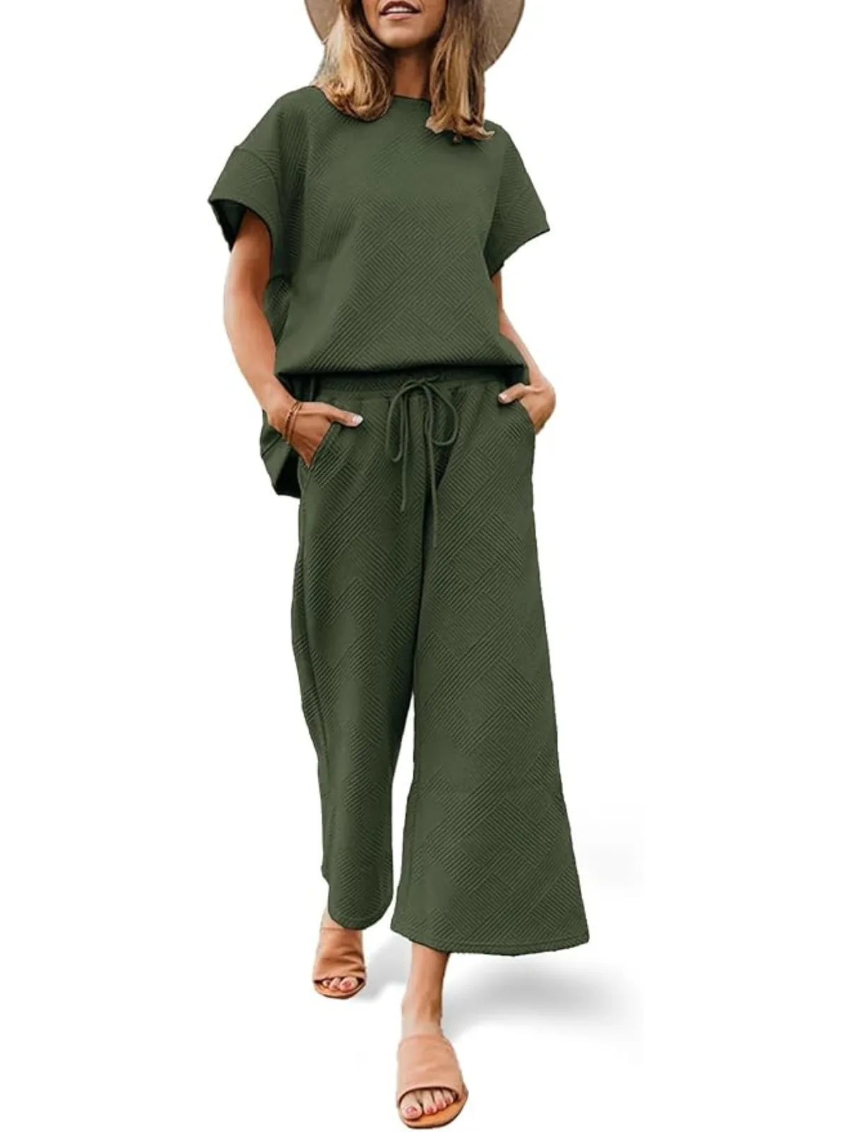 Fisoew two piece sets  Luxury High Stretch Drawstring Waist Sweatsuit Set Women 2025 Y2K Two Piece Outfit Cropped Top Wide Leg
