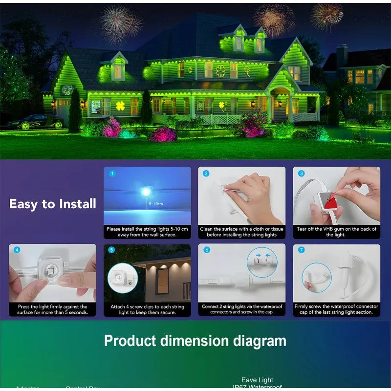 MIMIRGB 300FT 180LED Permanent Outdoor Light Smart RGBIC Side House Light 72 Scene Modes Outdoor Lighting for Party Garden Patio