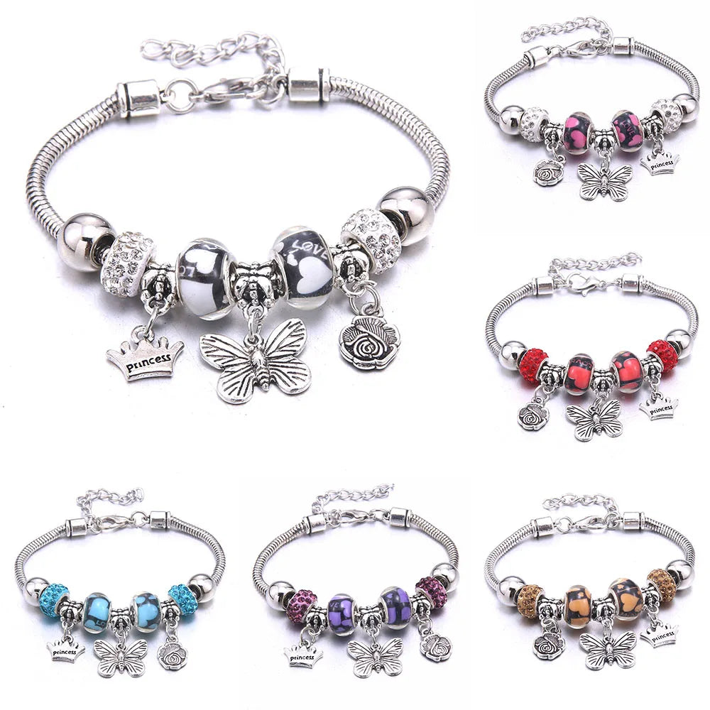 2025 New Charm Bracelet & Bangles Jewelry white butterfly Crown Beads Bracelets Brands Bracelets Fit Women Girl Gift