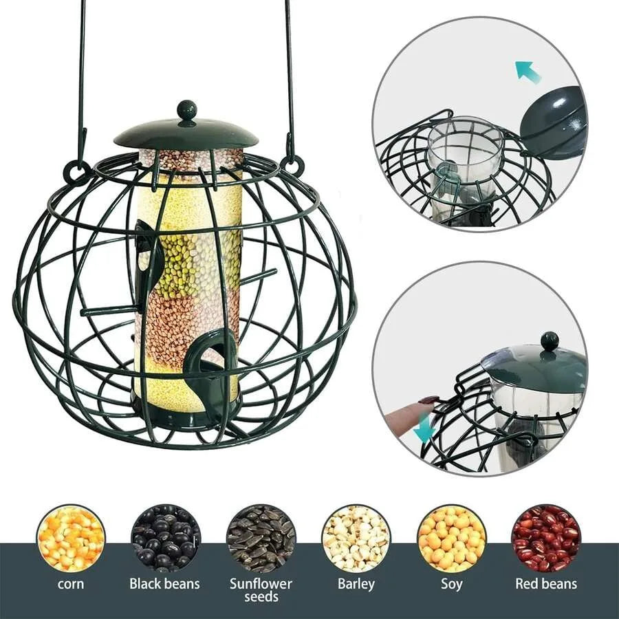 【New Arrival】Squirrel-Proof Wild Bird Feeder, Hanging Metal Cage Seed Feeder with Clear Tube, Outdoor Garden Bird Feeder for Finches, Sparrows