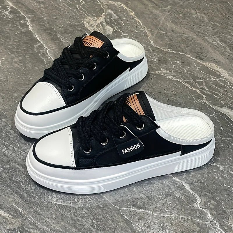Women Backless Mule Sneakers, Thick Platform Slip On Canvas Slippers, No Lace Half Shoes, Casual Chunky Sole Mules, Non-slip Soft Bottom Daily Walking Shoes, Fashion All-match Lazy Slippers for Summer Daily Outdoor Wear