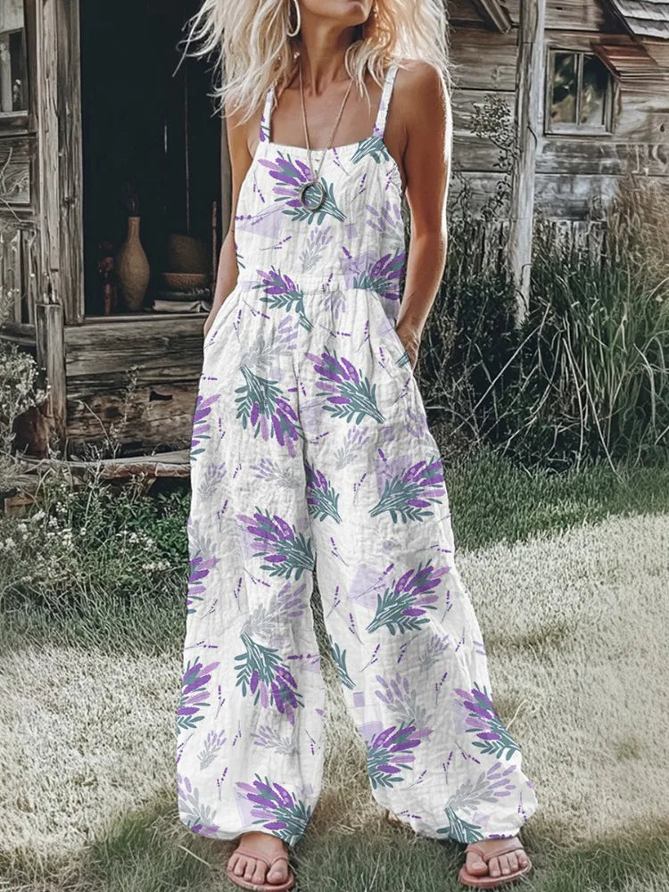 Bohemian Style Floral Jumpsuit for Women, Spaghetti Strap Smocked Bodice Wide-Leg Romper, Casual Summer Beach Vacation Jumpsuit with Pockets