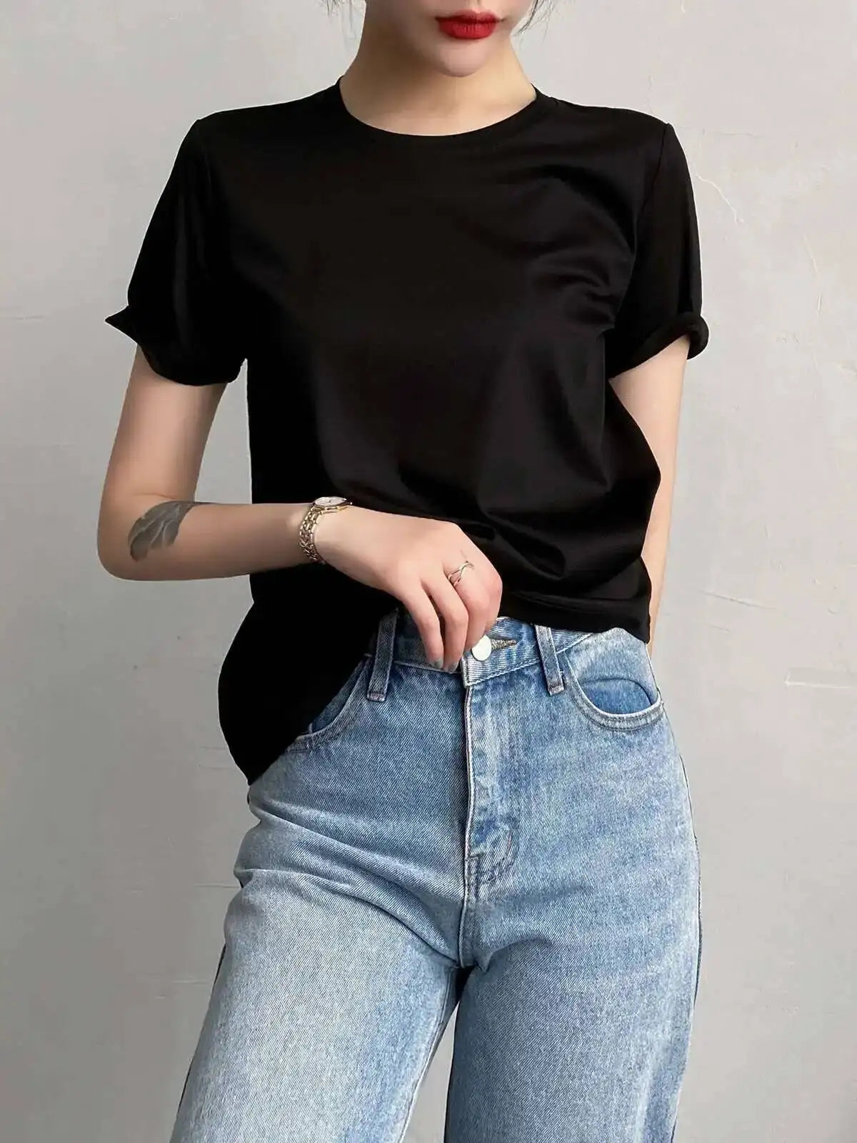 Summer 6% Mulberry Silk Cotton T-shirts Women Loose Round Neck Short Sleeve Luxury Tee Solid Color Basic Tops