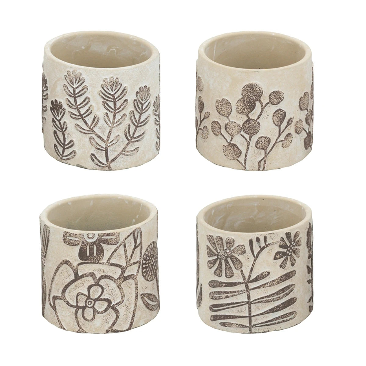 Set of 4 4.3x4.3x4" Gray Sand and Cement Planters with Brown Botanical Motifs On-Site