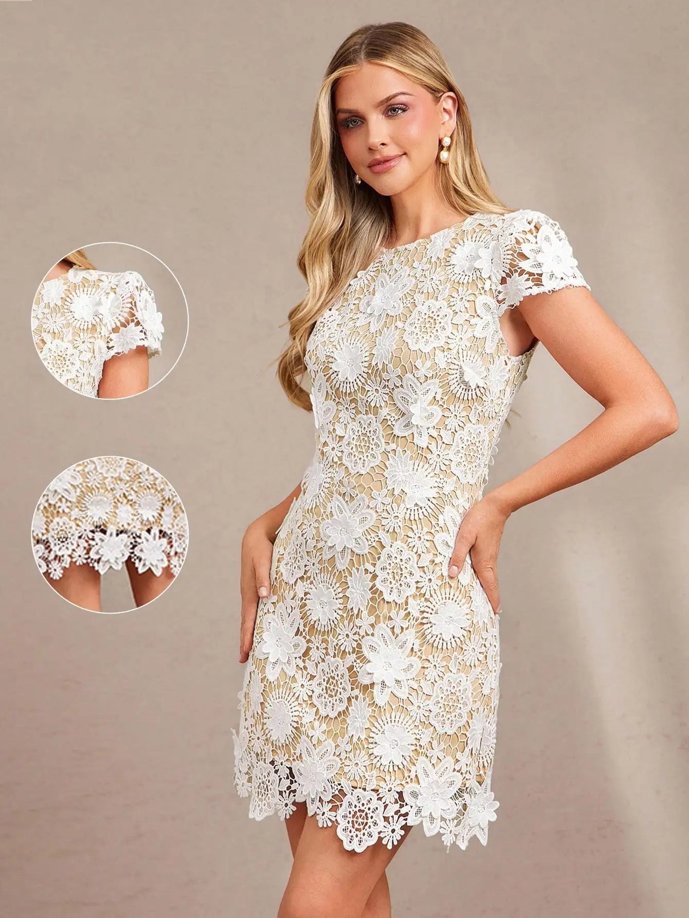 Women's Floral Lace Hollow Out Short Dress Summer Elegant Mini Dress