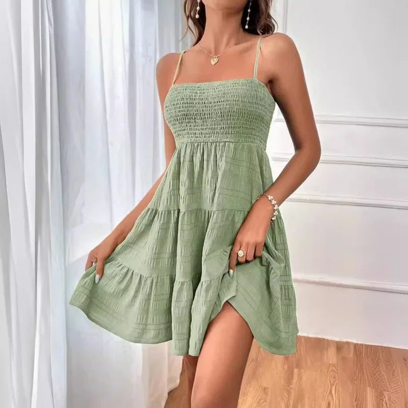 Women's Fashion Cami Ruched Strapless Mini Dress, Blue Ruffled Layered Hem, Summer Casual Off-Shoulder Thin Straps, Solid Color Versatile Textured Vacation Beach Dress