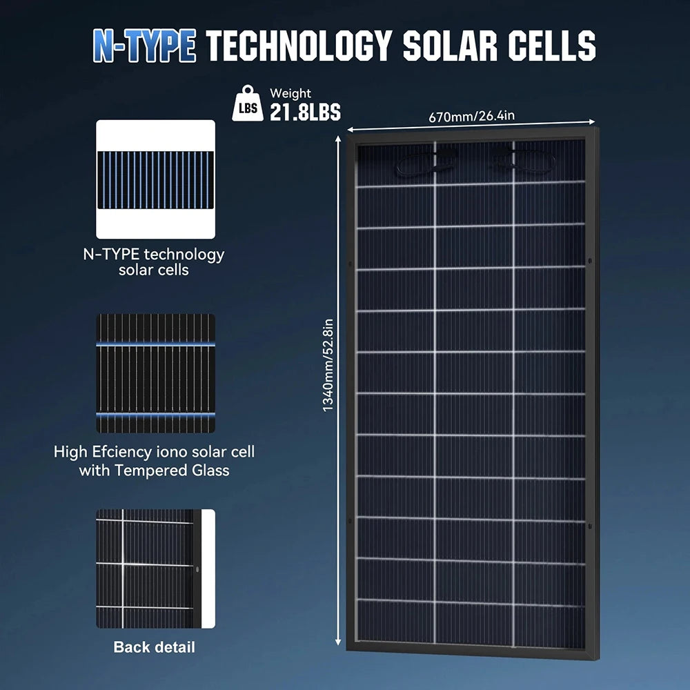RVPOZWER 200W/400W/800W Bifacial Solar Panel 18BB N-Type Mono Cells High-Efficiency PV Power for Home Rooftop Off-Grid Outdoor