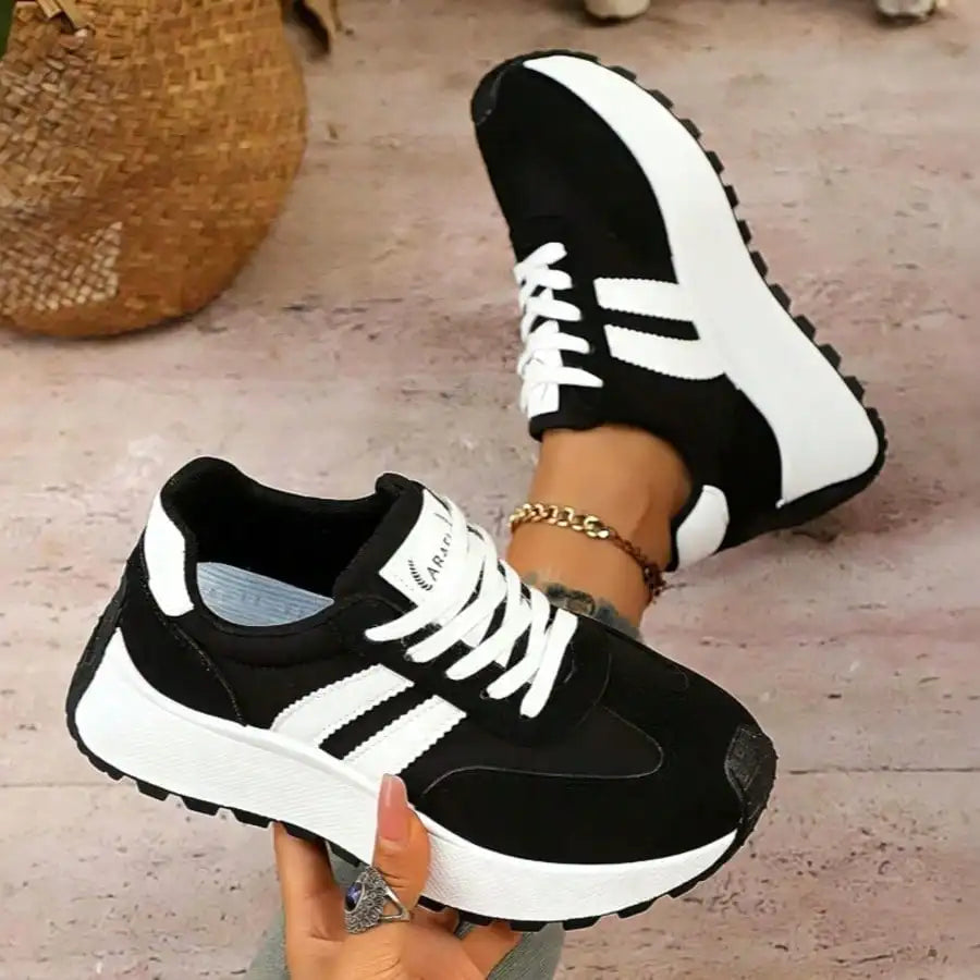 Women 3 Stripes Retro Platform Sneakers Lightweight Walking Shoes, Suede Patchwork Low Top Lace Up Athletic Trainers, Non Slip Cushioned Casual Footwear for  All Season Wear