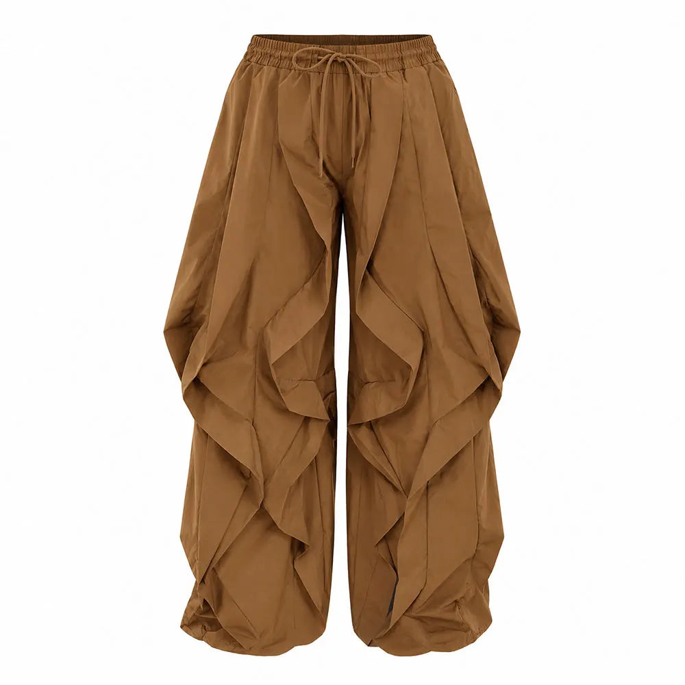 GLOURI Women's Wide Leg Long Pants, Drawstring Elastic Waist 3D Pleated Ruffled Trim Loose Oversized Trousers, Casual High Street Trendy Style for Daily Commute Street Outing, Influencer OOTD Photography Outfits