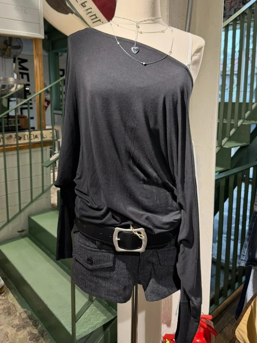 Navy Long Batwing Sleeve T-shirts Woman Sweet Slash Neck Cotton Tee Shirts Female Casual Simple All-match Tshirts Y2k Tops