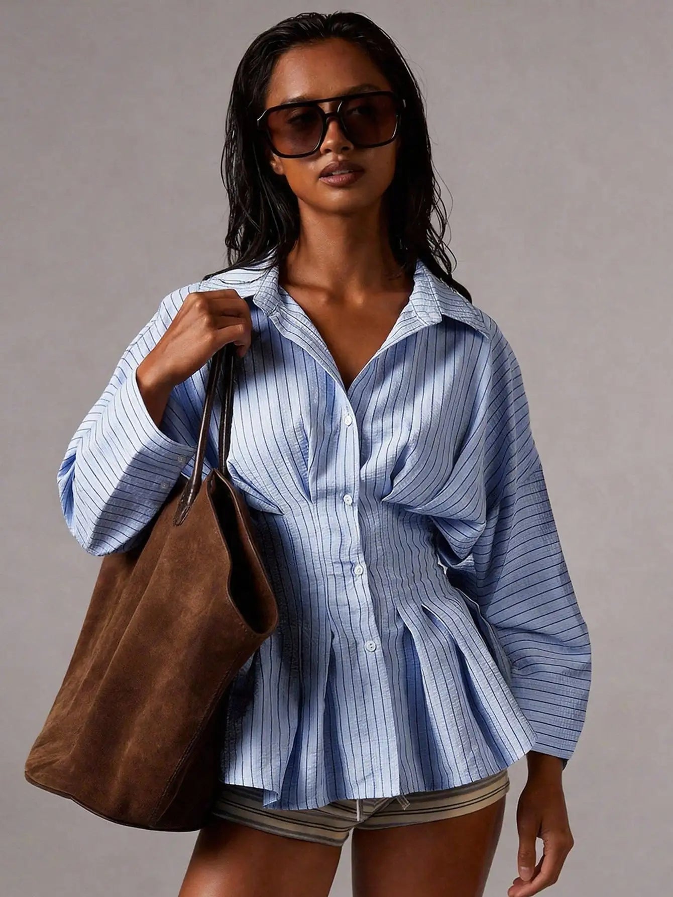 Women Striped Waist Cinched Long Sleeve Pleated Blouse