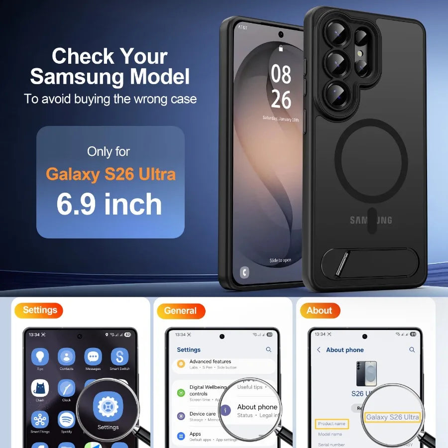 Magnetic for Samsung Galaxy S26 Ultra Case, [Compatible with MagSafe][Full Camera Protection][Built-in Invisible Kickstand] Tra