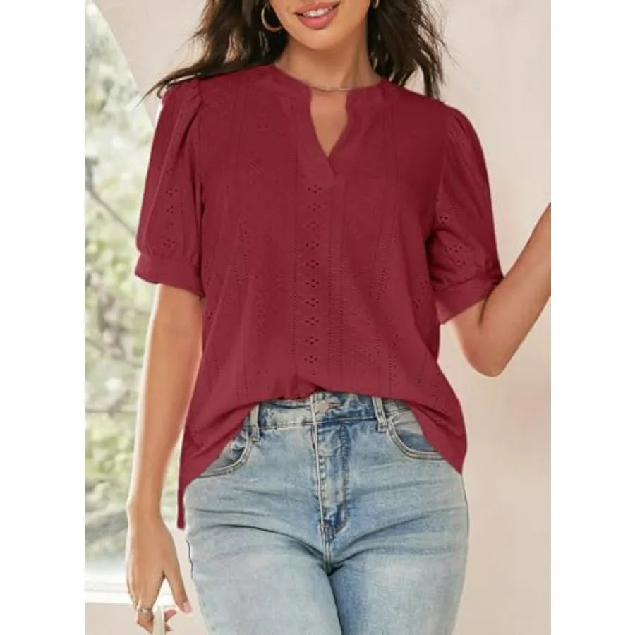 Dokotoo Womens Summer Business Casual Blouses V Neck Short Sleeve Shirts Eyelet Cute Lace Tops