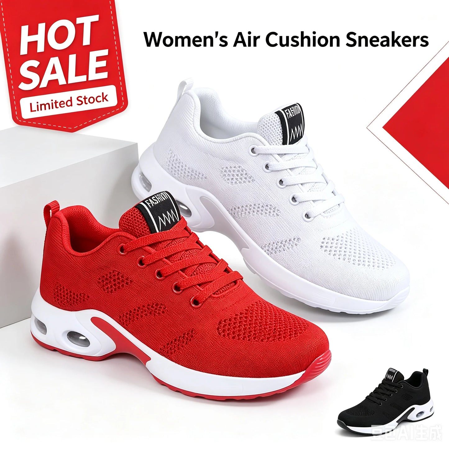 Women Air Cushion Running Shoes Breathable Mesh Upper Athletic Sneakers Non Slip Soft Sole Casual Platform Shoes Ladies Lightweight Sport Footwear for Gym Jogging Tennis Outdoor Daily Walking Fitness Training Red Black White