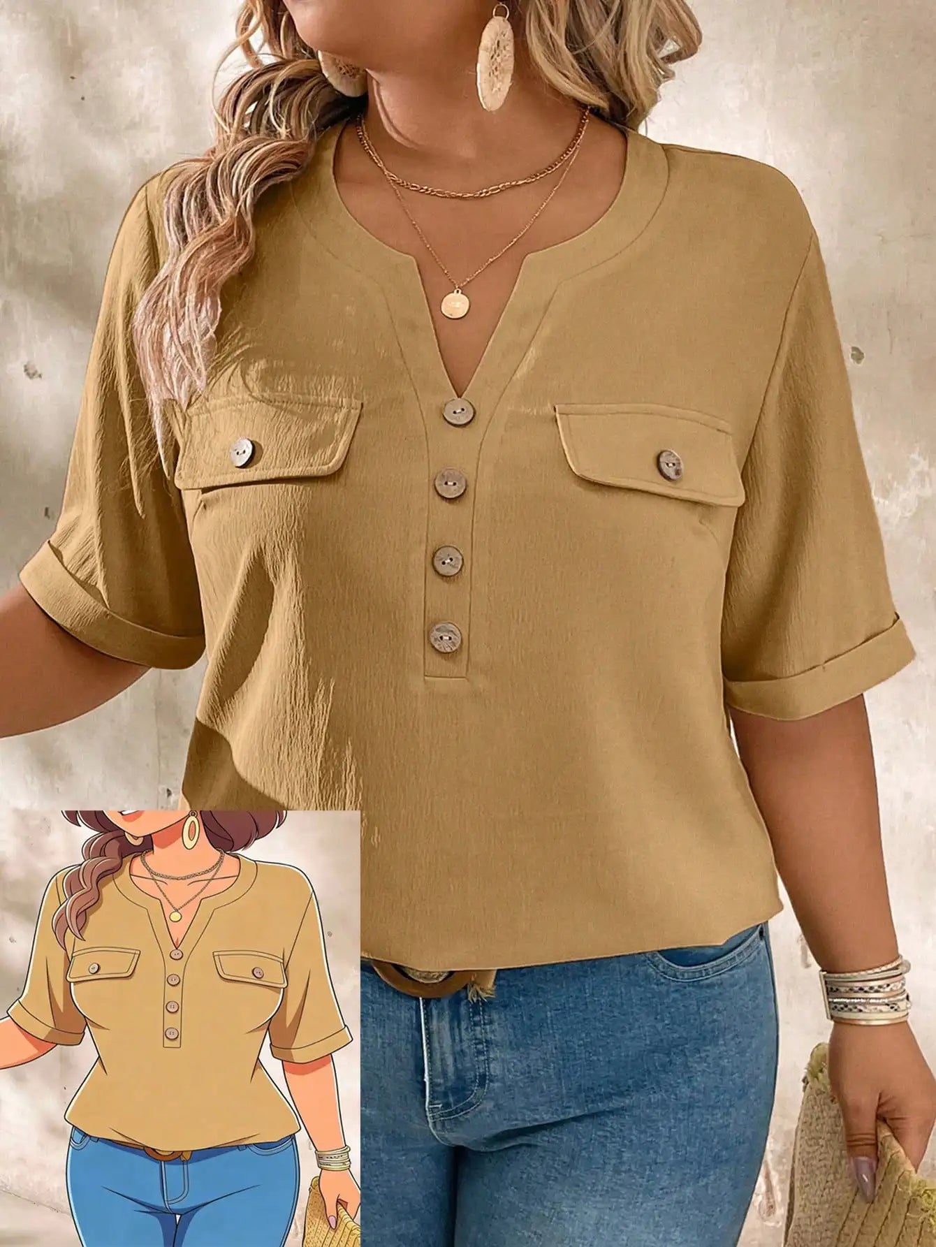 Casual V-Neck Short Sleeve Shirt With Wood Buttons