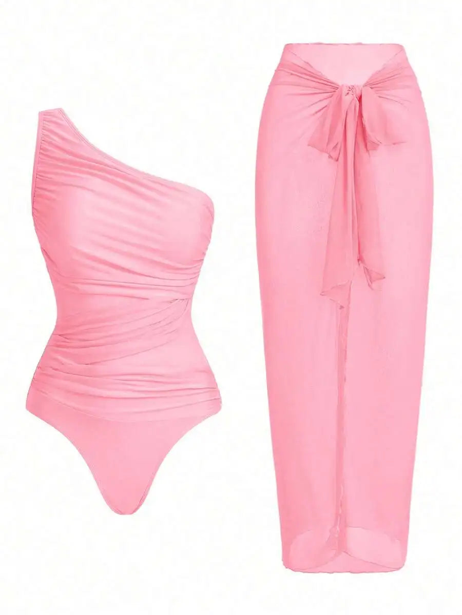 One Piece Ruched Swimsuit With Sarong Cover Up For Women Summer Beach