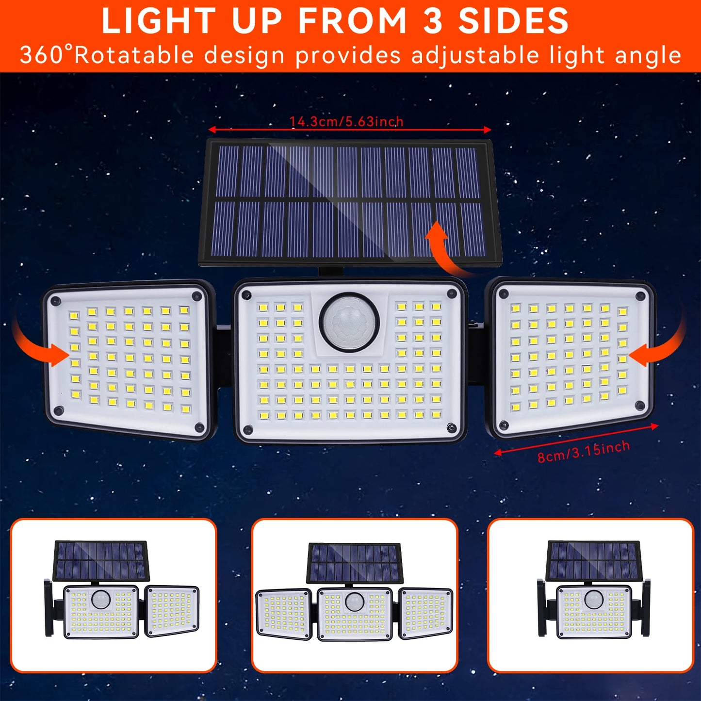 1/2PCS 164LED Motion Sensor Outdoor Street Lights, Solar Lights IP65 Waterproof, 3 Heads Security Flood Lamp, 3 Mode, for Patio