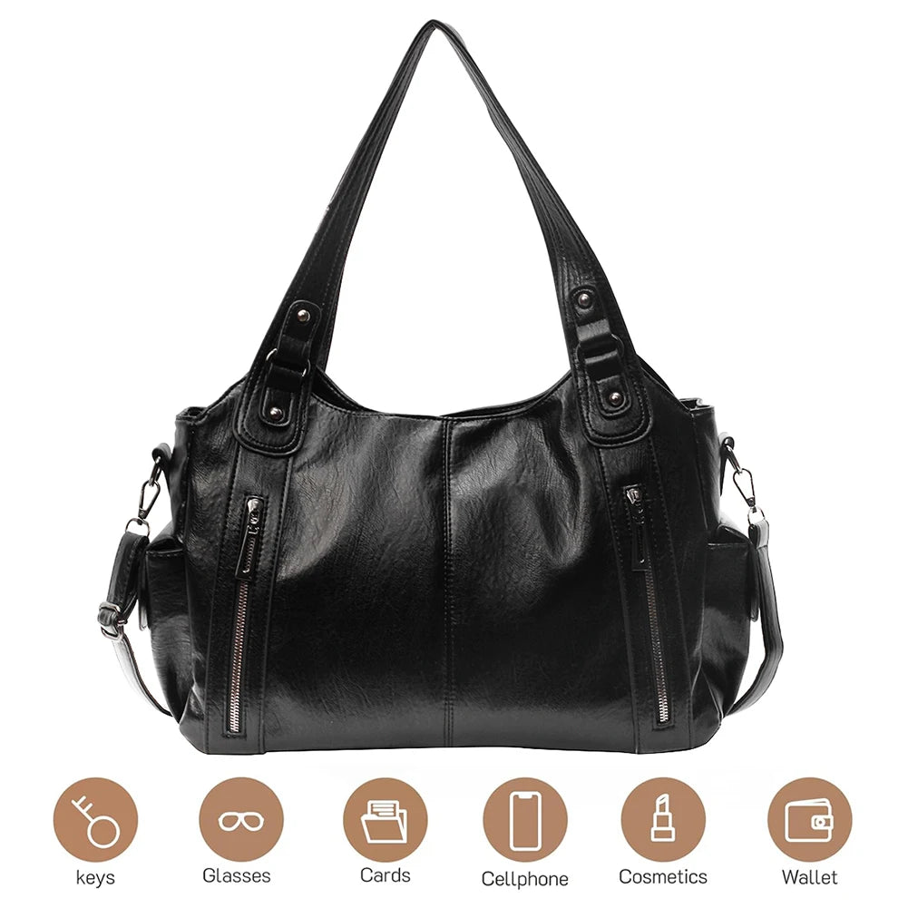 Tote Bag PU Leather with Zipper Shoulder Bag for Women with Multi-Pockets Messenger Bag Retro Handbag for Work Travel