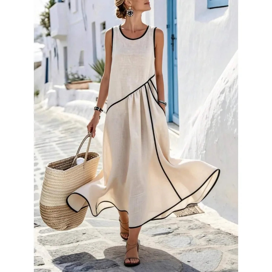 【New style】 Holidaya Women's Casual Vacation Contrast Trim Single Pocket Dress, Casual Long Dress, Spring/Summer Dress Women Va